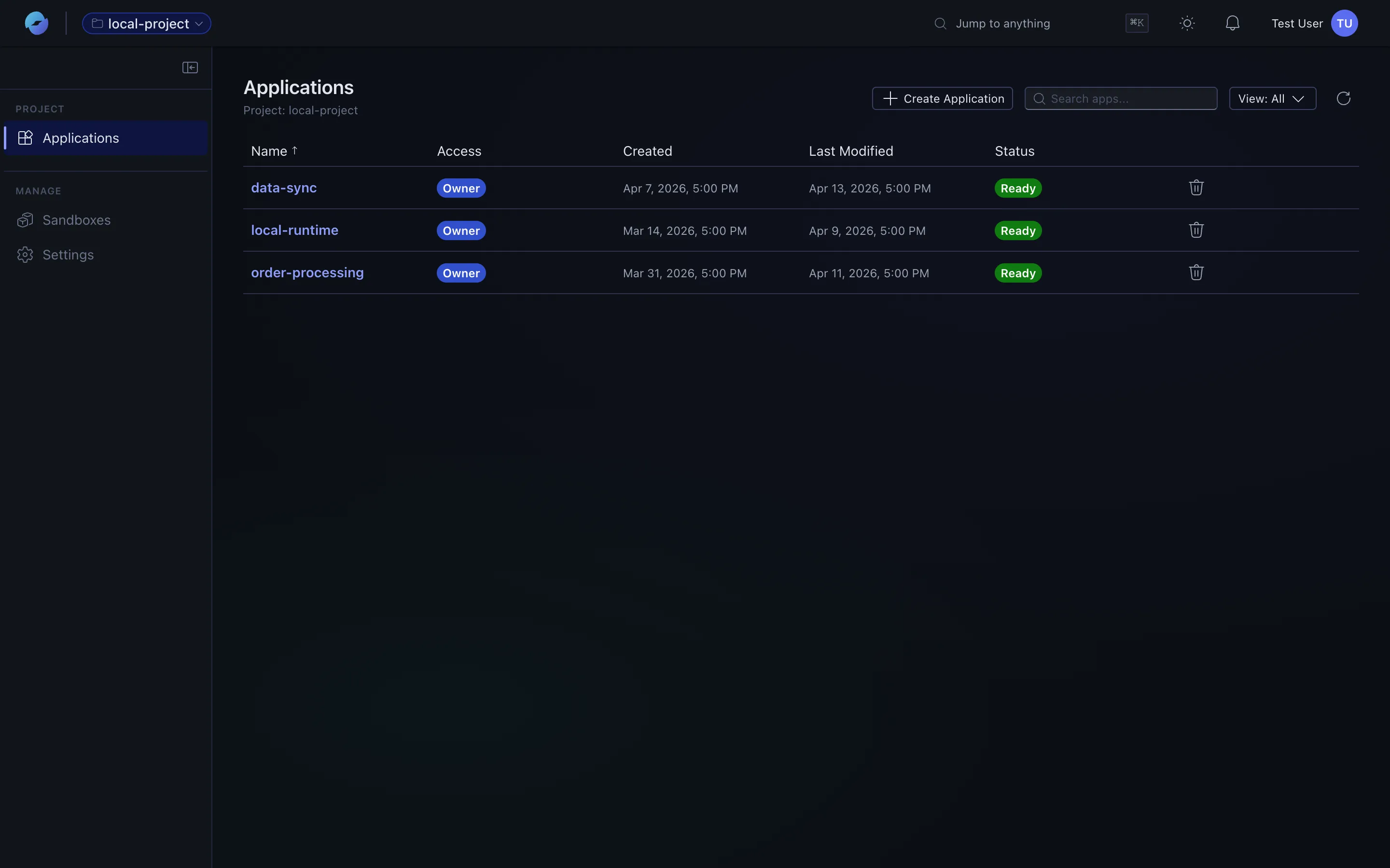 Applications list with Create application + Status column