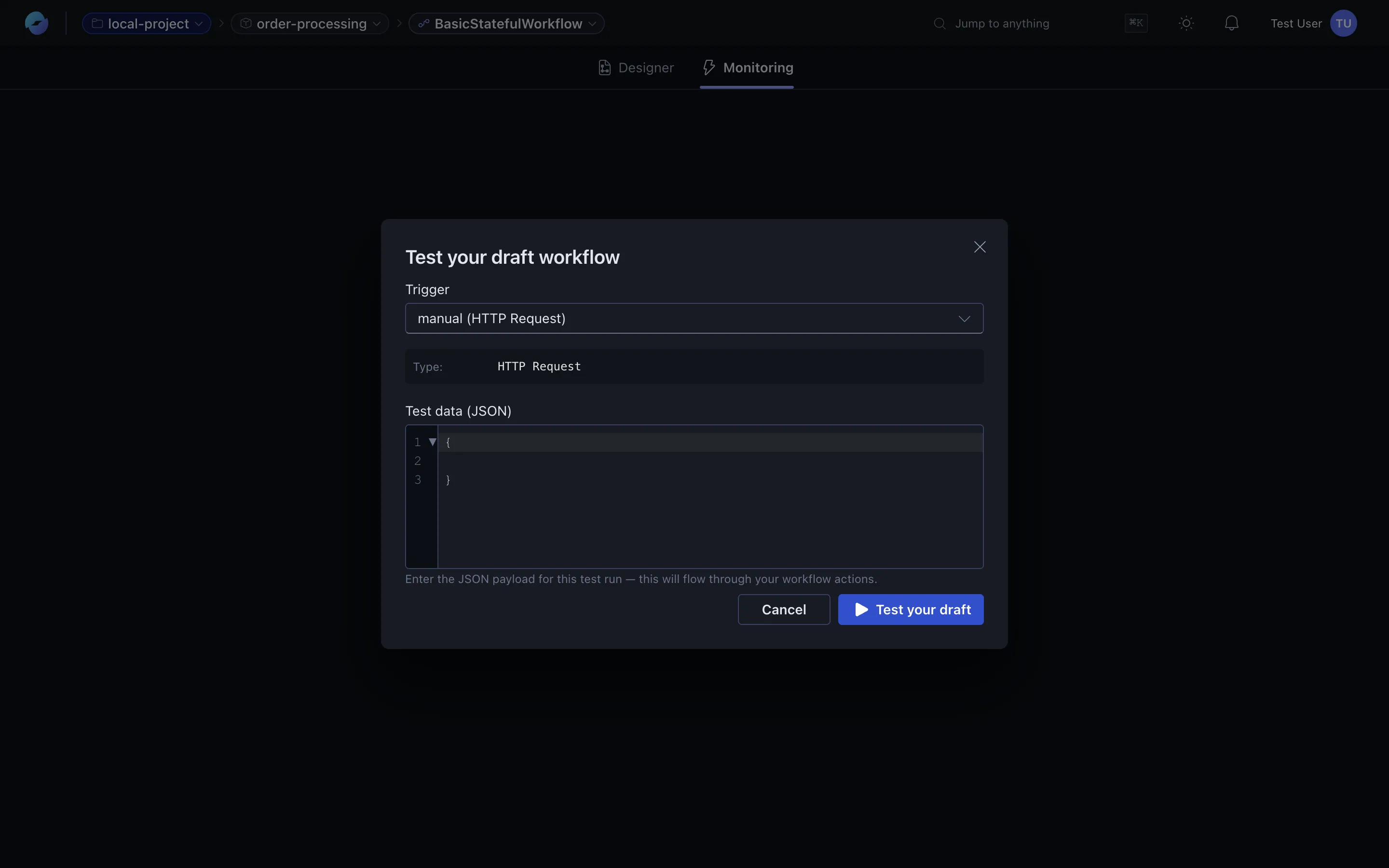 Run payload dialog