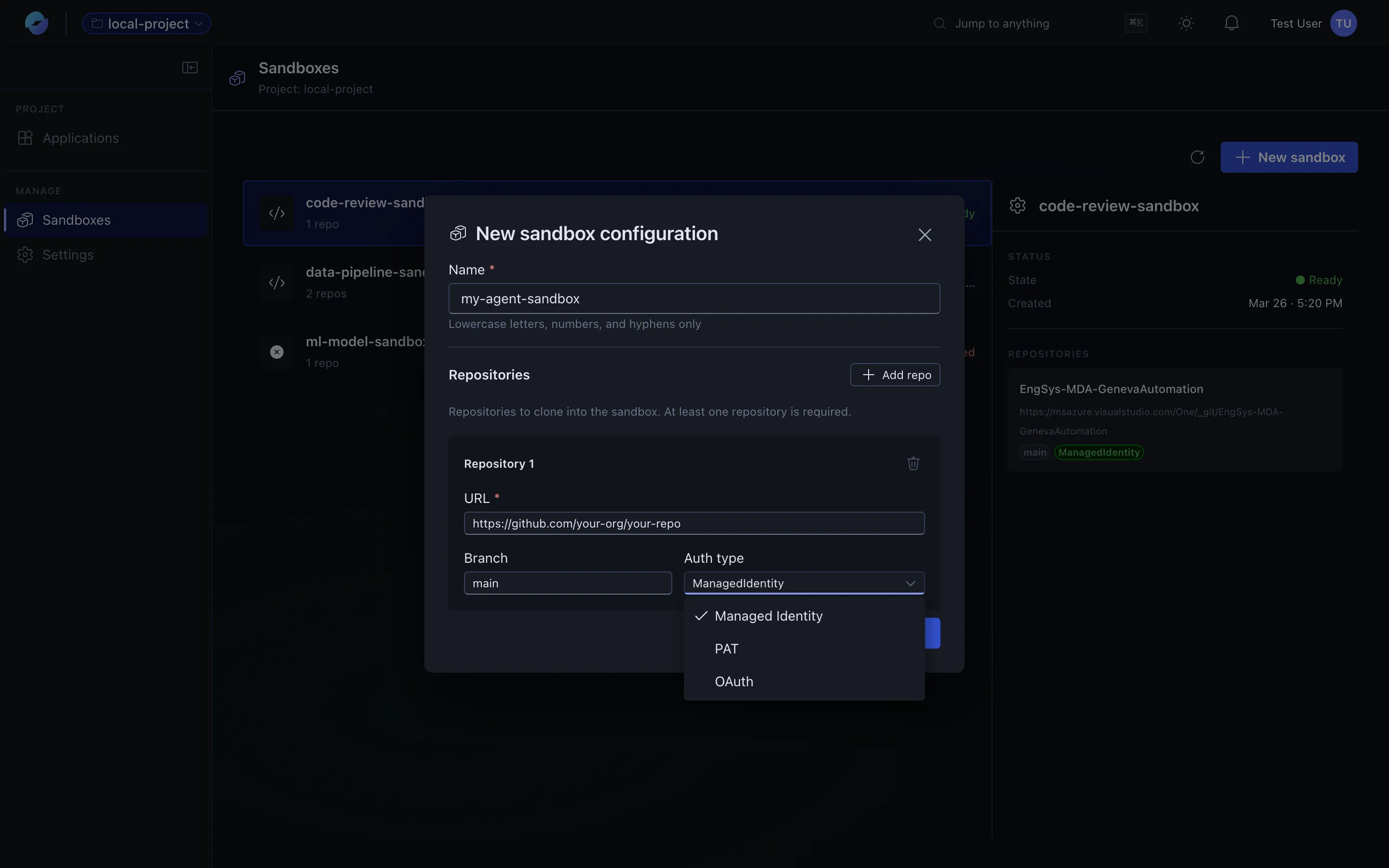 Auth type options for a sandbox repository