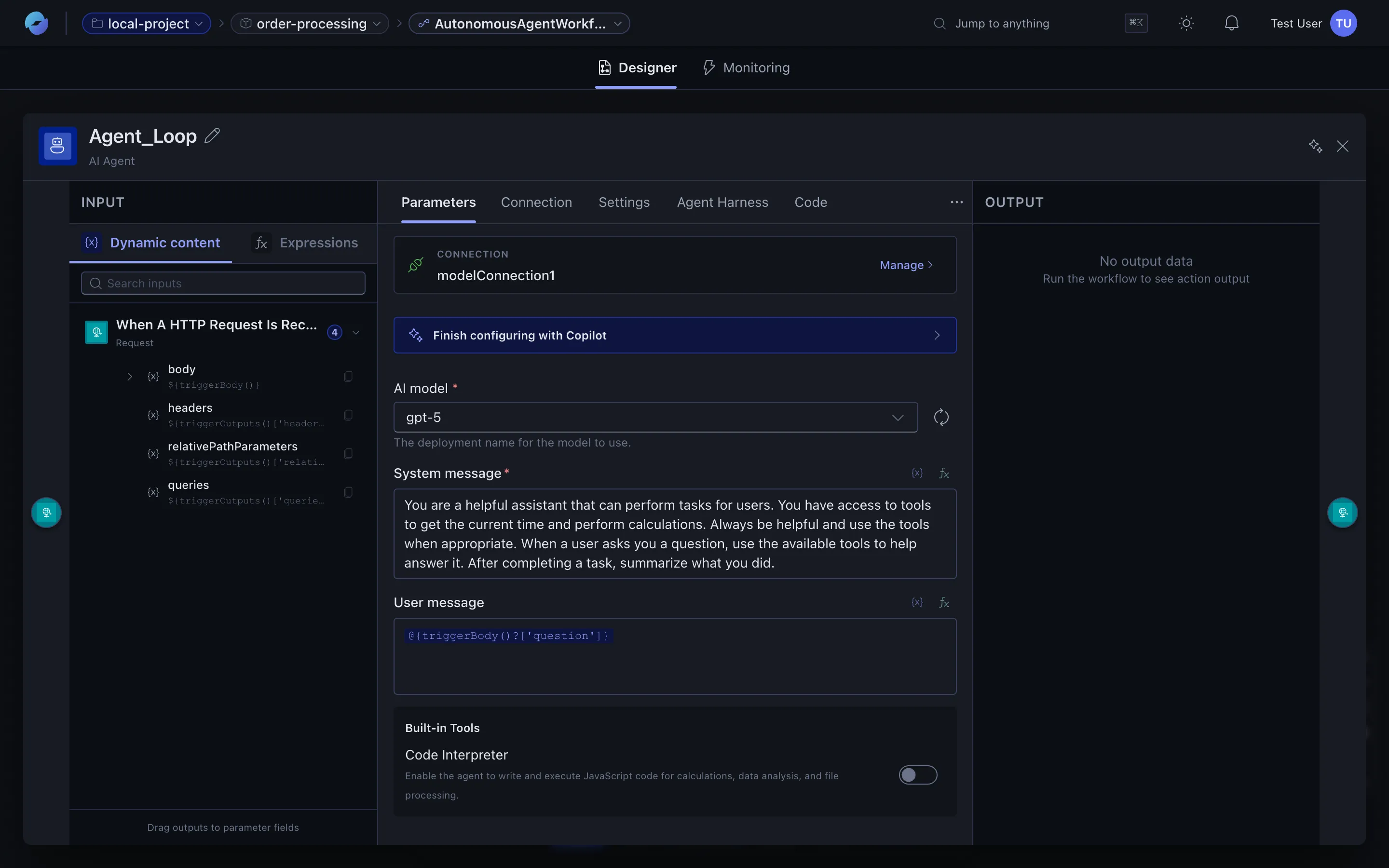 Agent node selected — parameters panel