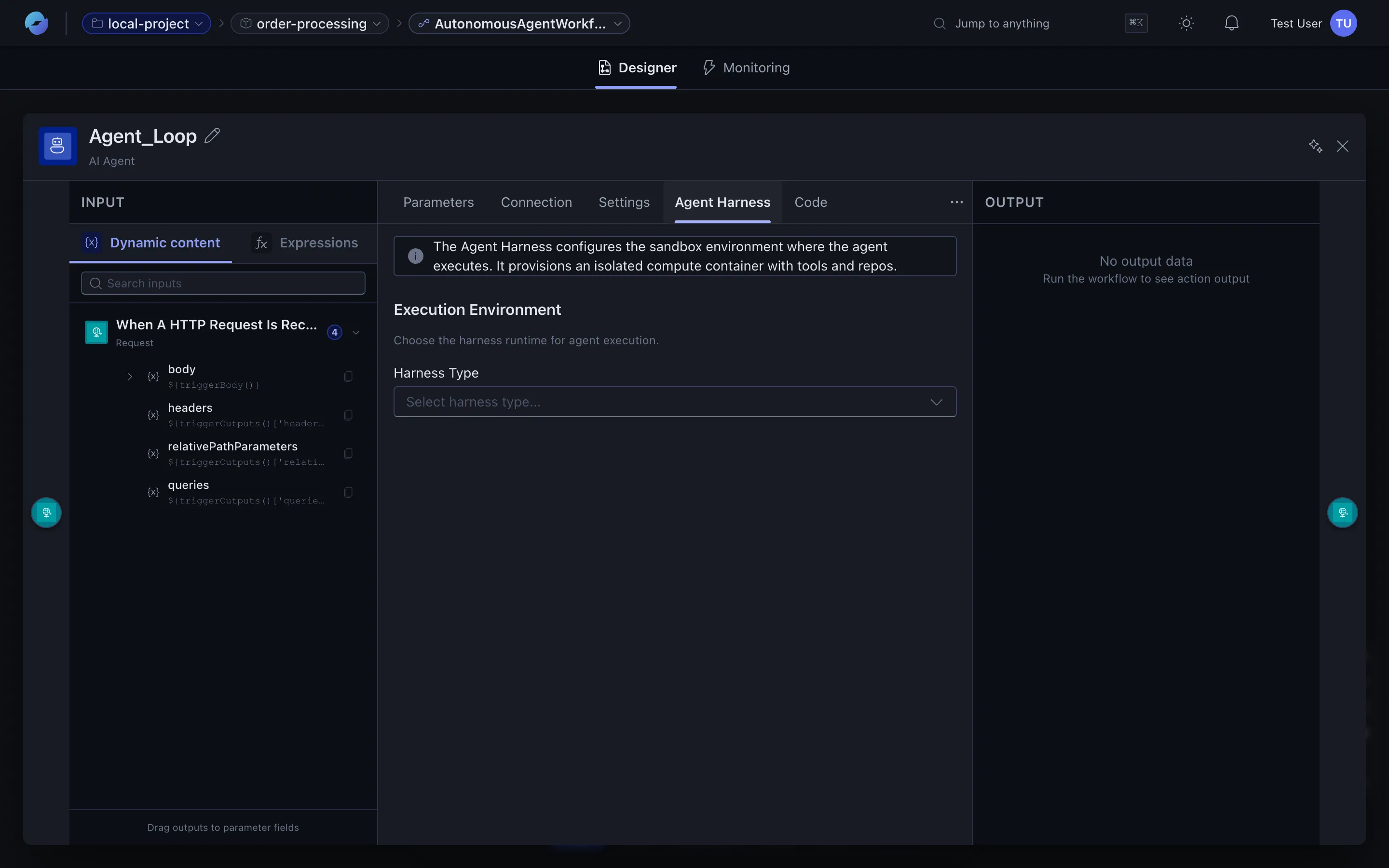 Agent Harness tab inside the agent node