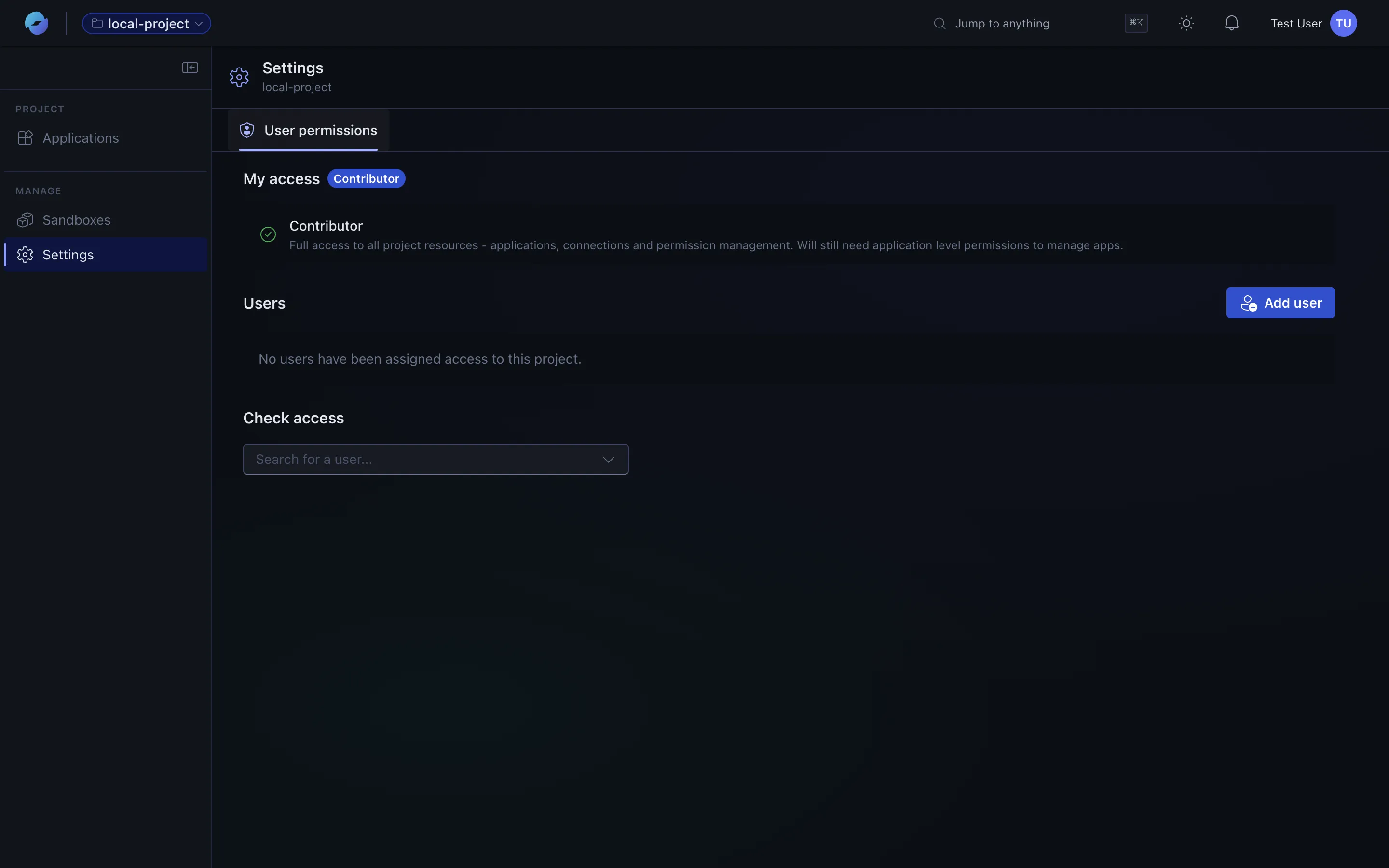 Project — User permissions tab