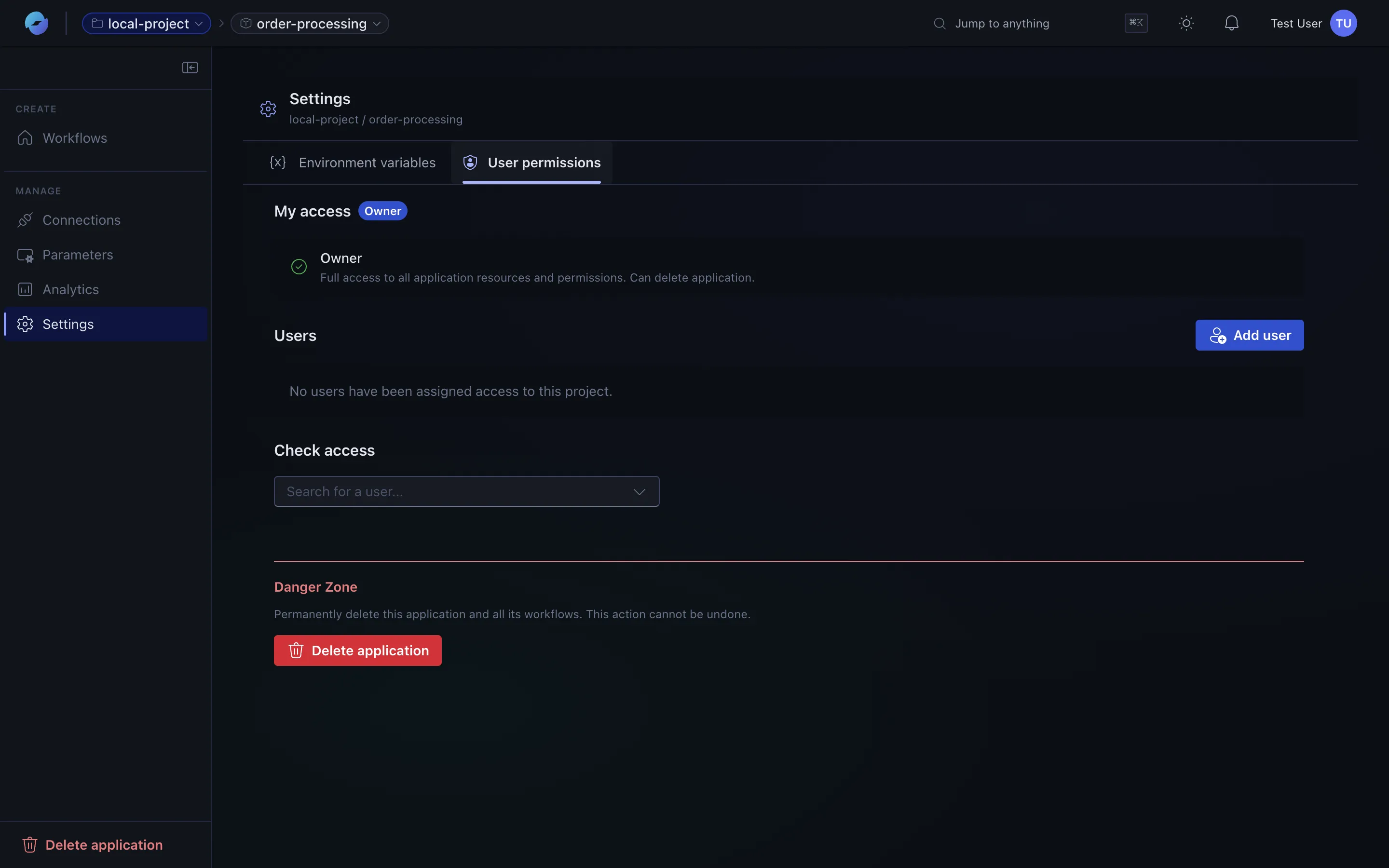 App — User permissions tab