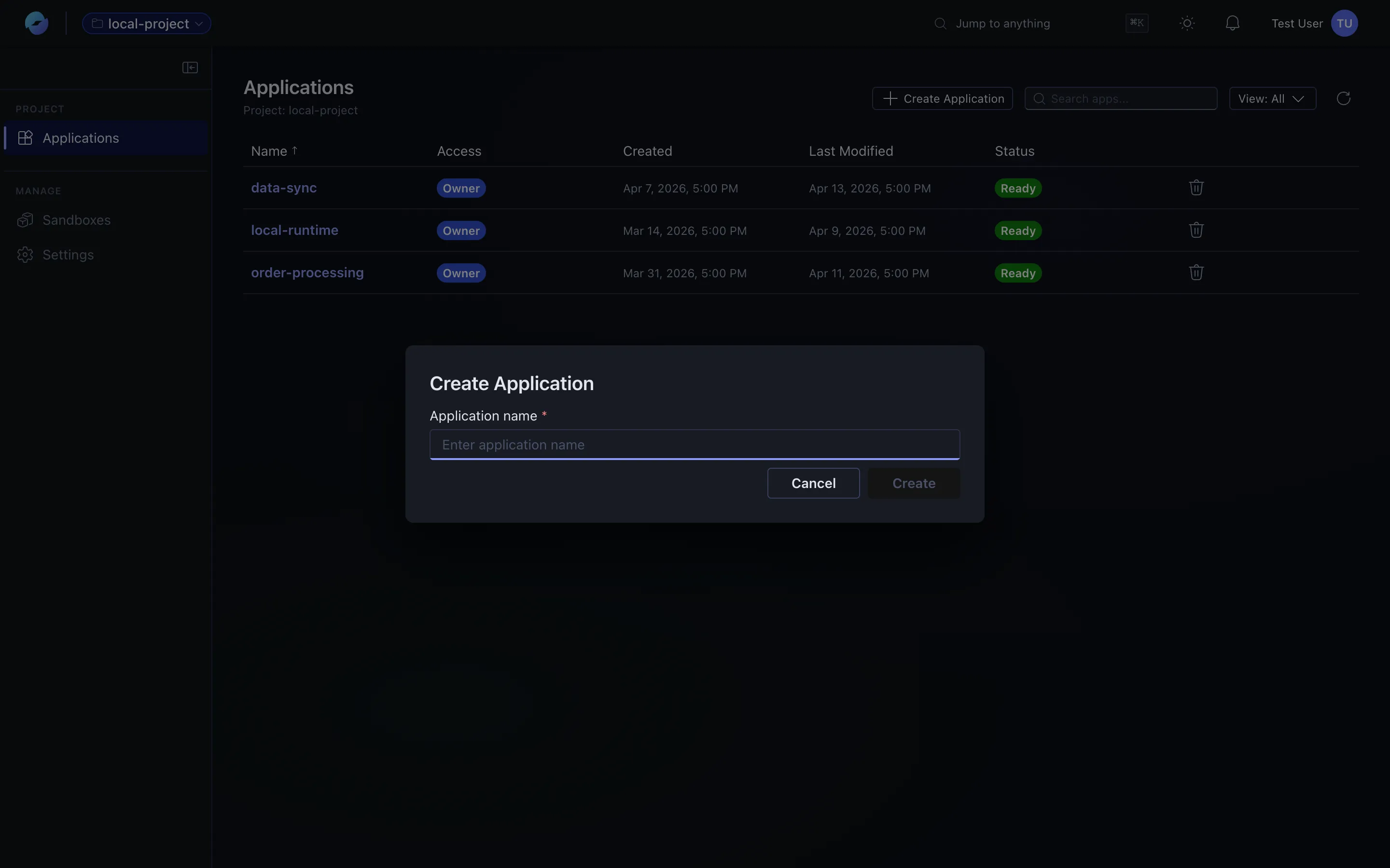 Create Application dialog