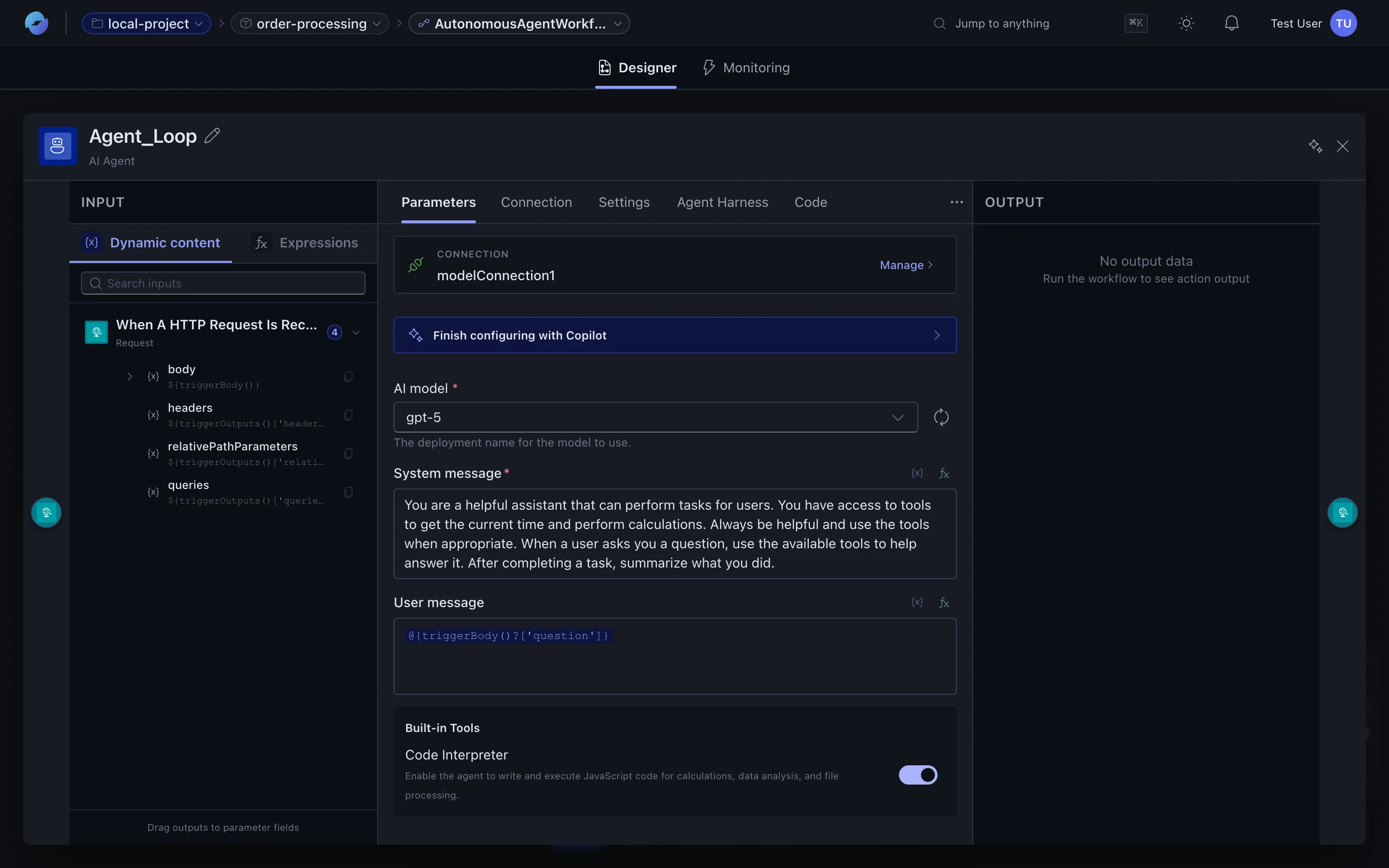 Agent Parameters tab with the Built-in Tools section