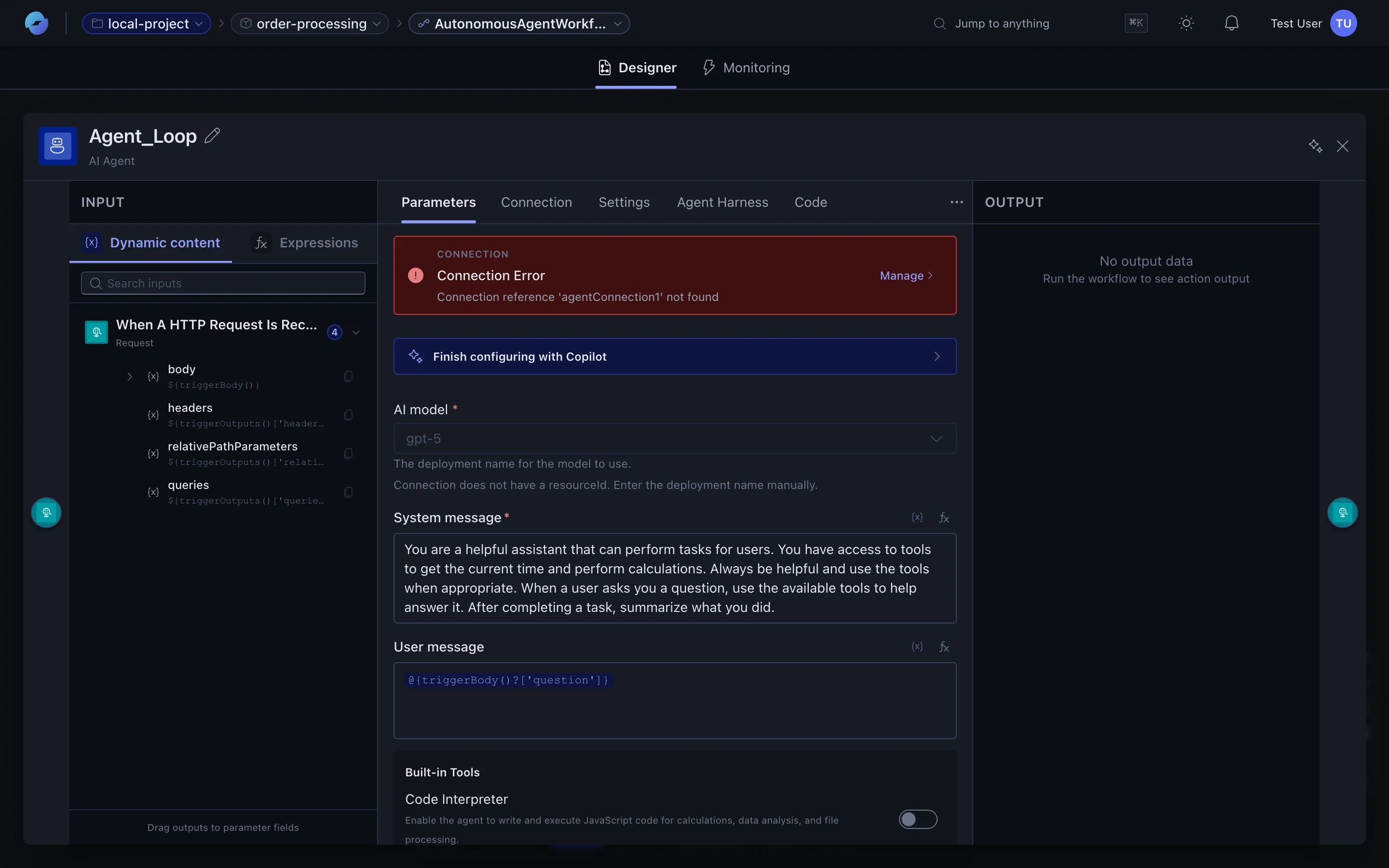 Agent Parameters tab — model, system + user message, built-in tools, Finish configuring with Copilot