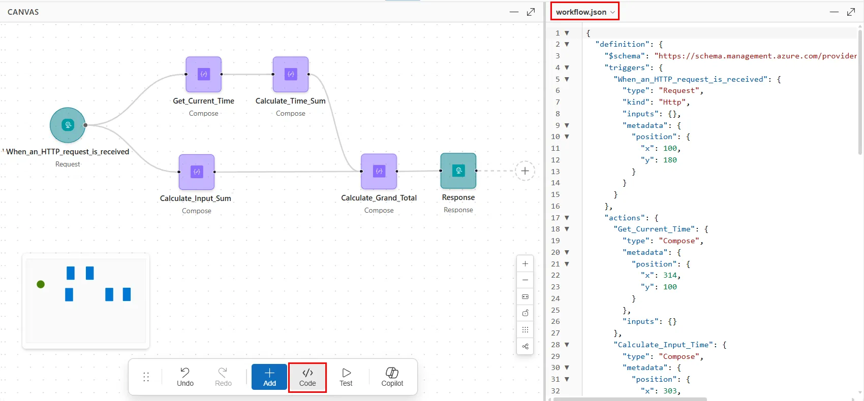 Screenshot that shows the workflow designer and code editor side by side.