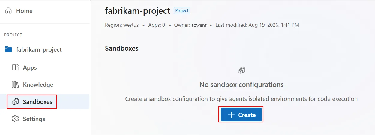 Screenshot that shows the automation portal with an open environment, Sandboxes menu item selected and Create button selected.